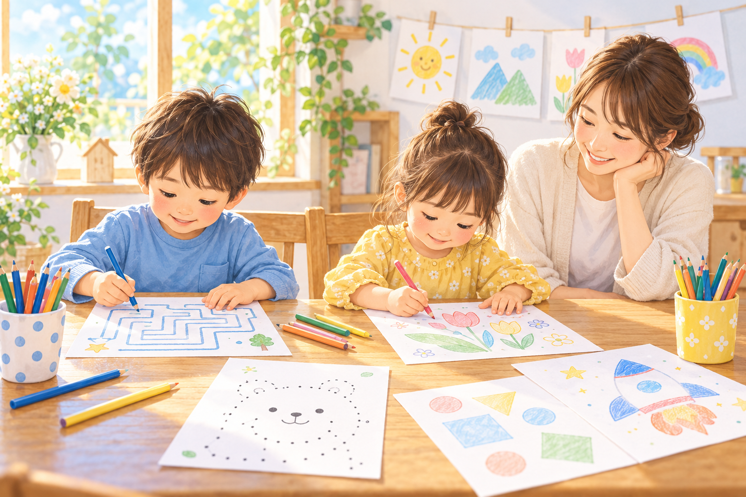 迷路やぬりえ、点つなぎをそれぞれのペースで楽しむ二人の子どもと保護者のイラスト