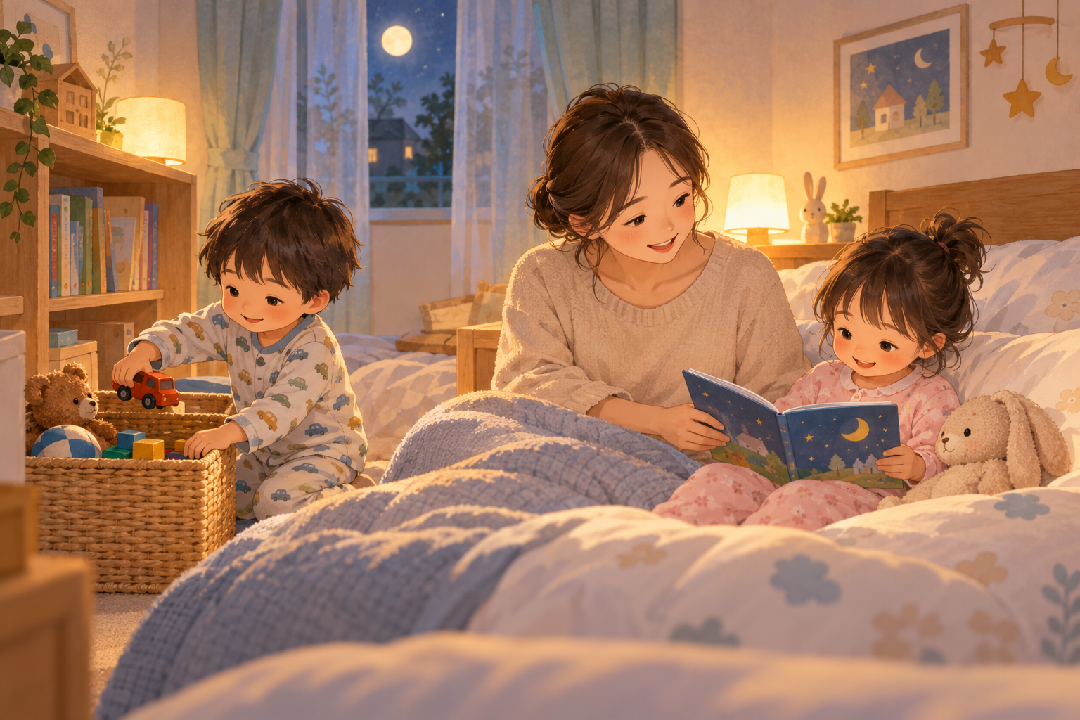 寝る前におもちゃを片づけ、絵本を選ぶ二人の子どもと保護者のイラスト