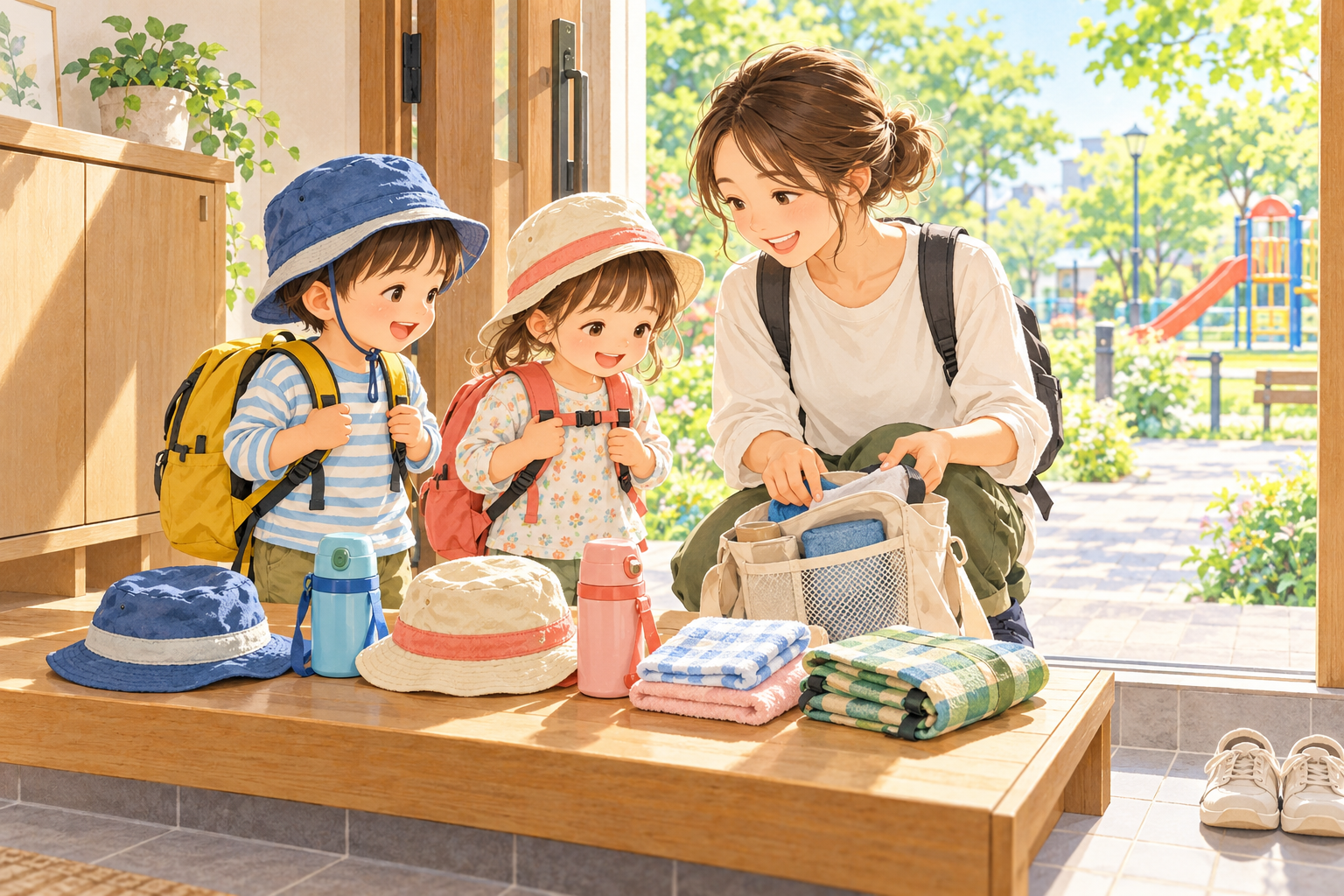 公園へ出かける前に帽子や水筒、タオルを確認する二人の子どもと保護者のイラスト