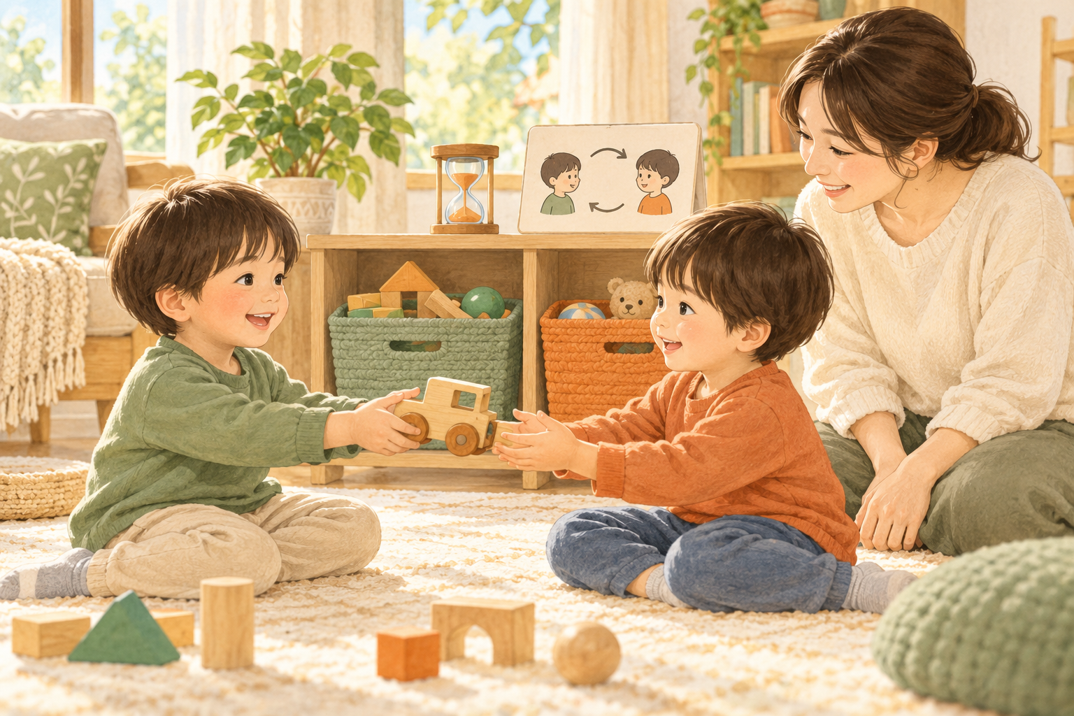 砂時計と色分けした収納を使い、木のおもちゃを交代する二人の子どもと保護者のイラスト